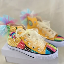 Dollbling Handmade Random Lollipop Yellow Pompom Candyland Canvas DIY Girl Pearls Sneakers 1st Birthday Party Toddler Trainers