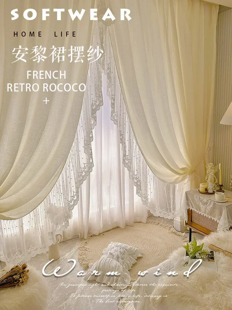 Cream Beige Chiffon Ruffles White Lace Embroidered Screen Window Curtains For Living Room Bedroom French Window Balcony Window