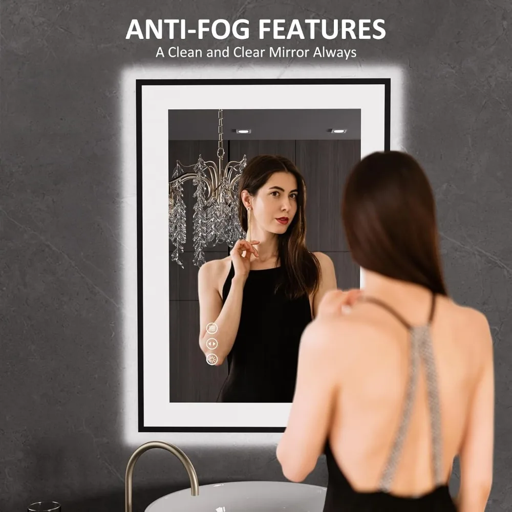 Anti-Fog Dimmable LED Bathroom Mirror with Memory Function, Wall-Mounted Vanity Mirror, Temperature Display, Black Framed 20x28