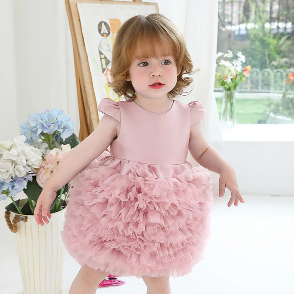 

0-4Y Tiered Dress Toddler Ball Gown Birthday Party Princess Clothing Pink Mesh Tutu Dress Flower Girl's Wedding Vestidos Elegant
