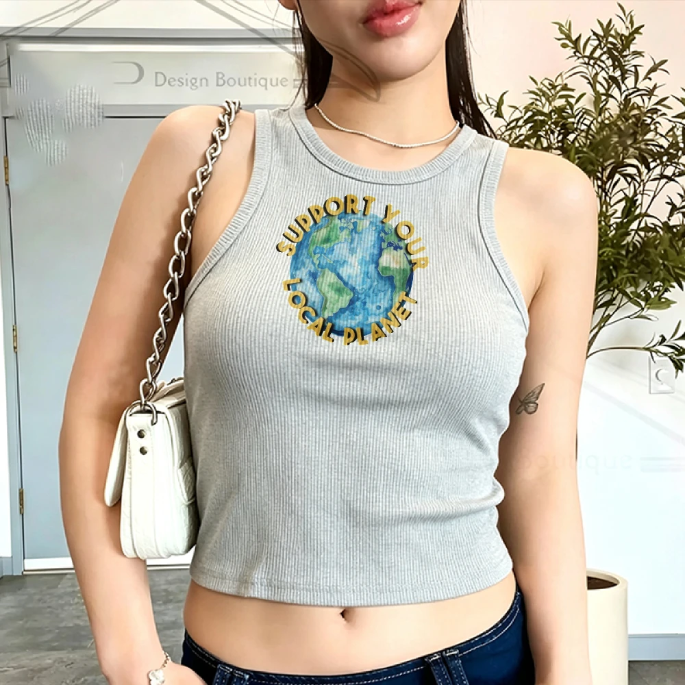 Watercolor Earth Support Your Local Planet Slogan Camisole Ribbed Tank Top Crop Y2K Top Female Cropped Slim Vest Short Crop Top