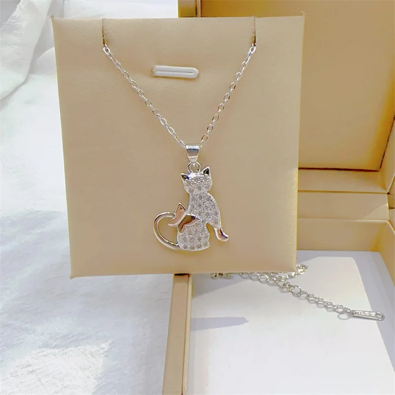 Exquisite Micro-inlaid Cute Cat Necklace Fashion Personality Long Tail Butterfly Animal Stainless Steel Versatile Clavicle Chain