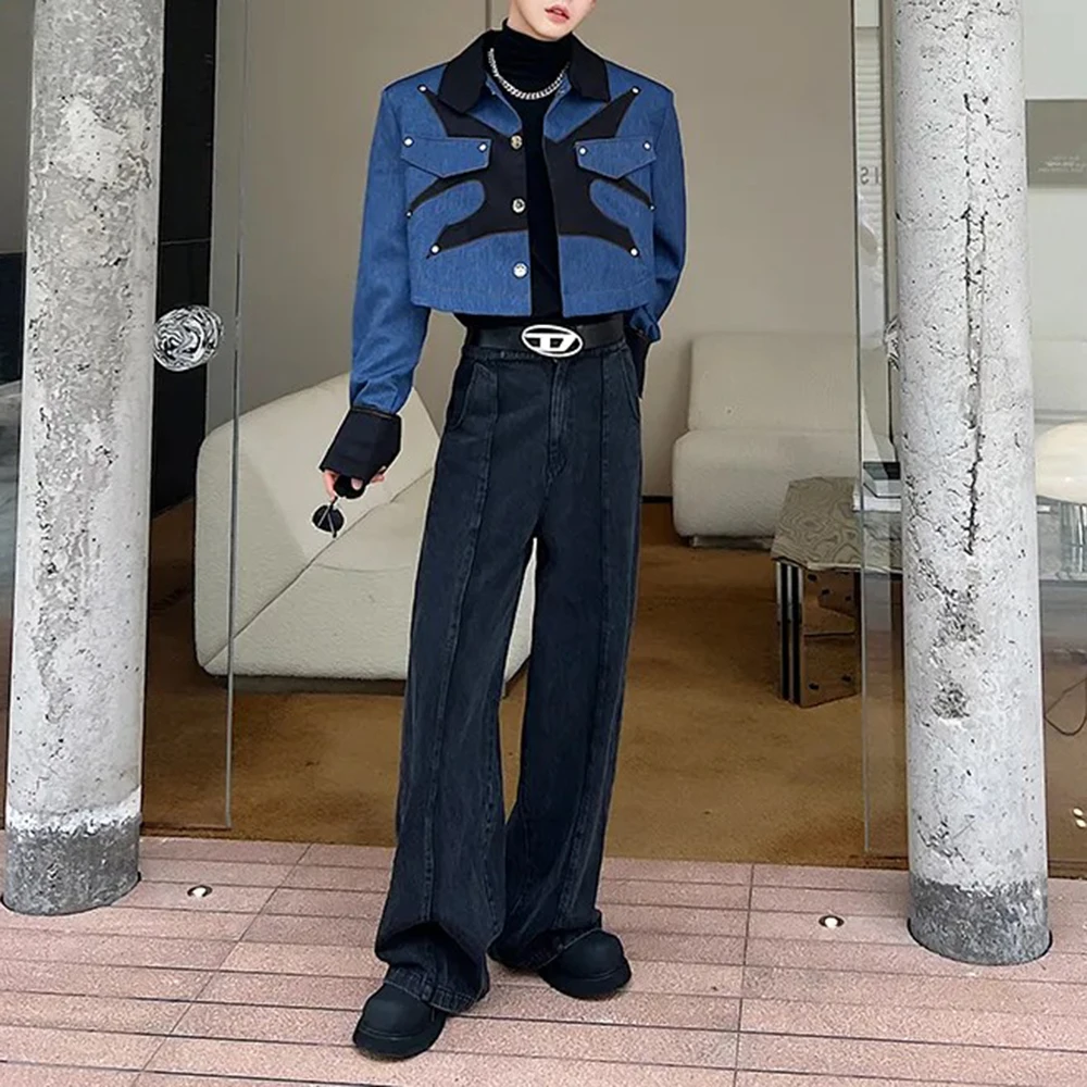 Men Spring Short Jacket Denim Patchwork Color Block Irregular 3d Cut Jacket Streetwear Fashion Outdoor Niche Top Men'S Wear 2026