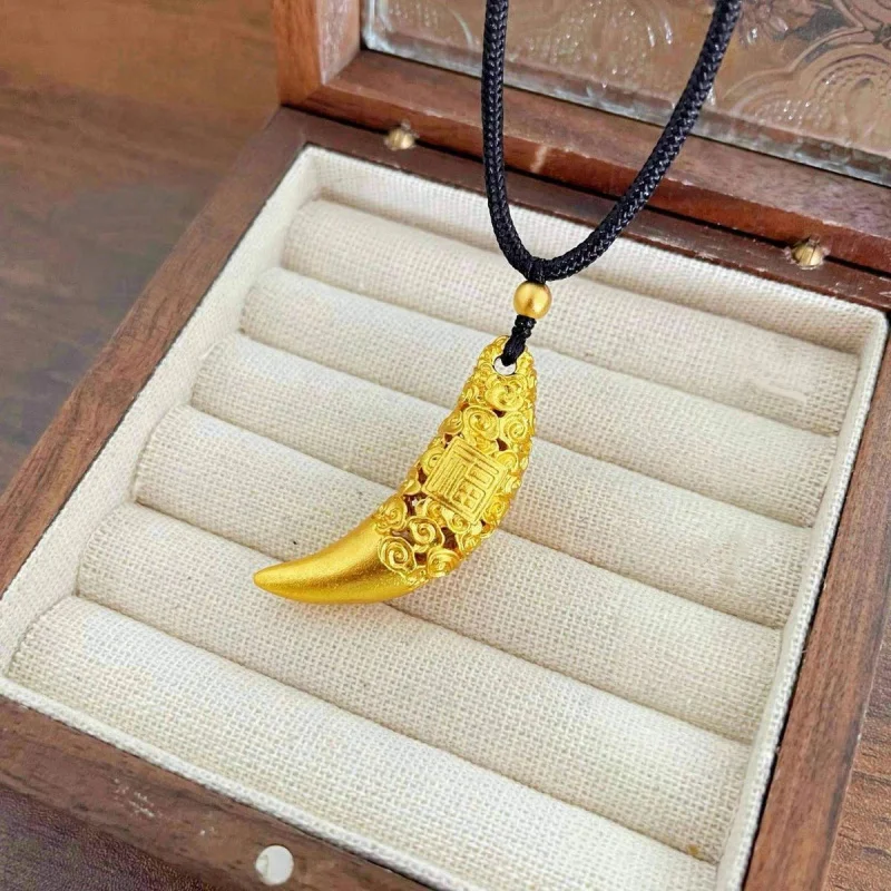 999 24k Golden Ancient Craft Fu Wolf Tooth Pendant Unisex, with Black Cord & Lucky Bead - Ethnic Style Jewelry