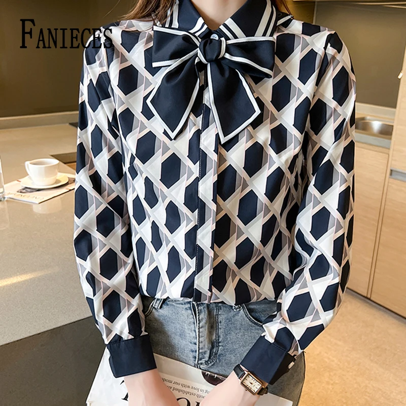 

FANIECES Bow Tie Ribbon Women Silk Shirt Luxury Vintage Print Long Sleeve Button Female Blouse Elegant OL Top Casual Streetwear