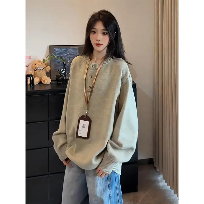 

Retro American Sle Henry Collar Knitted Sweater Men Women Early Autumn Lazy High Level Beautiful Base Layer irt