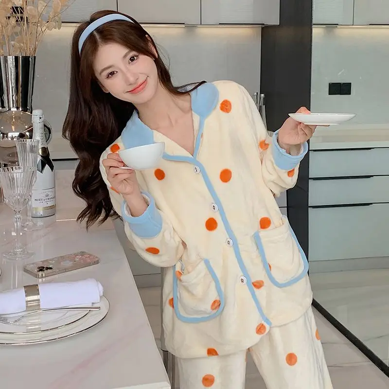 Women Confinement Clothing Winter Thickened Fleece-lined Postpartum Nursing Nightclothes Female Coral Velvet Warm Loungewear