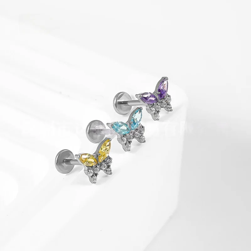 G23 Titanium 16G CZ Butterfly Ear Bone Nail Internal Thread Labret Tragus Helix Cartilage Lip Piercing Jewelry