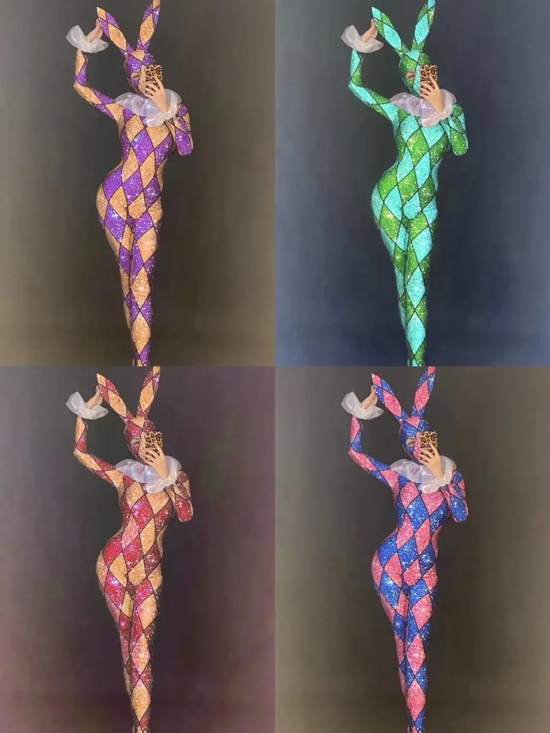 

Women New Sexy Female DJ Printing Lattice Bunny Girl Jumpsuit Multicolor Set Adult Stage Performance Costume Party Celebration