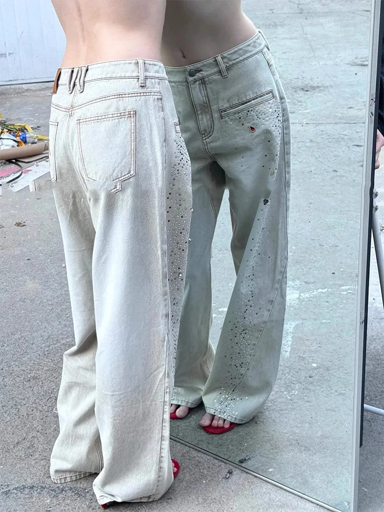 

American Style Hot Girl Heavy Industry Design Hot Diamond Splicing Jeans Retro Loose Lazy and Relaxing Floor Pants