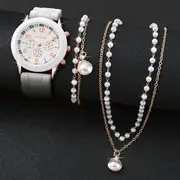 3pcs/set Women's Casual Fashion Quartz Watch Analog Silicone Band Wrist Watch & Faux Pearl Jewelry Set, Gift For Mom Her