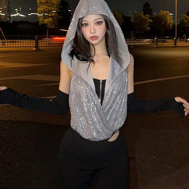 

2025 autumn and winter new sexy hanging neck vest hooded sleeveless for women harajuku y2k accessories