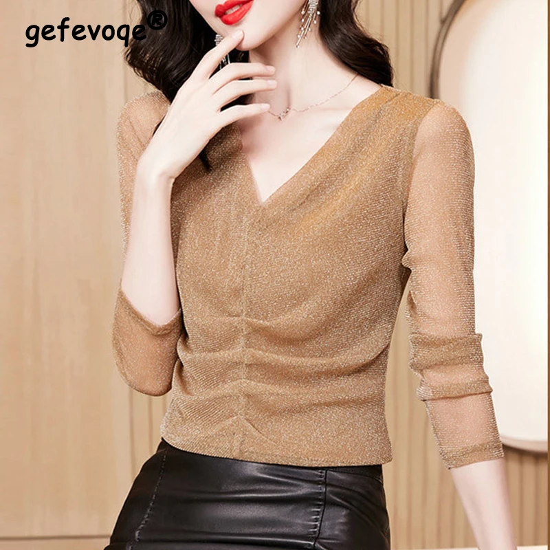 

Ruched Bright Silk Elegant Fashion Sexy See Through Mesh Patchwork Office Lady Club Party Basic Tops V Neck Long Sleeve T-shirts