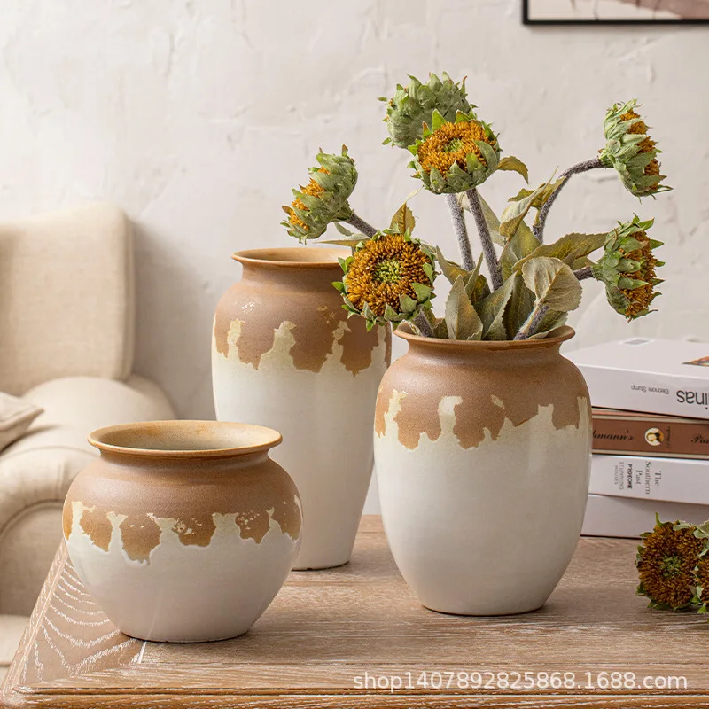 Van Gogh Sunflower Japanese Coarse Pottery Dried Flower Ornament Vase Insert Water Cultivator Handmade Ceramic Vase Flower Pot