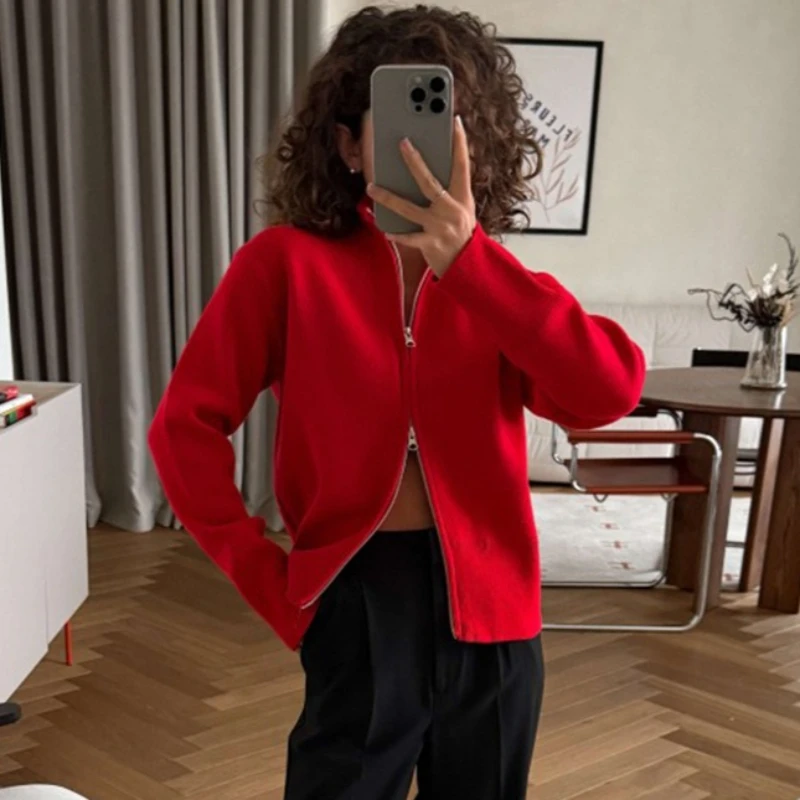 Tsiisd Women's Zip Up Cardigan Sweater Stand Collar Long Sleeve Knit Jacket Casual Y2K Streetwear Slim Fit Spring Autumn Winter