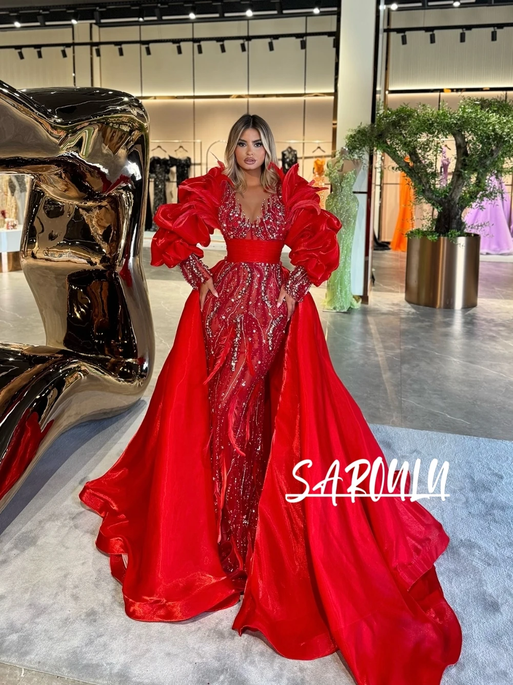 Luxury Red Formal Prom Gown Handmade Feather & Rhinestone Embellished Puff Sleeve Mermaid Shiny Evening Dress Showstopper Style