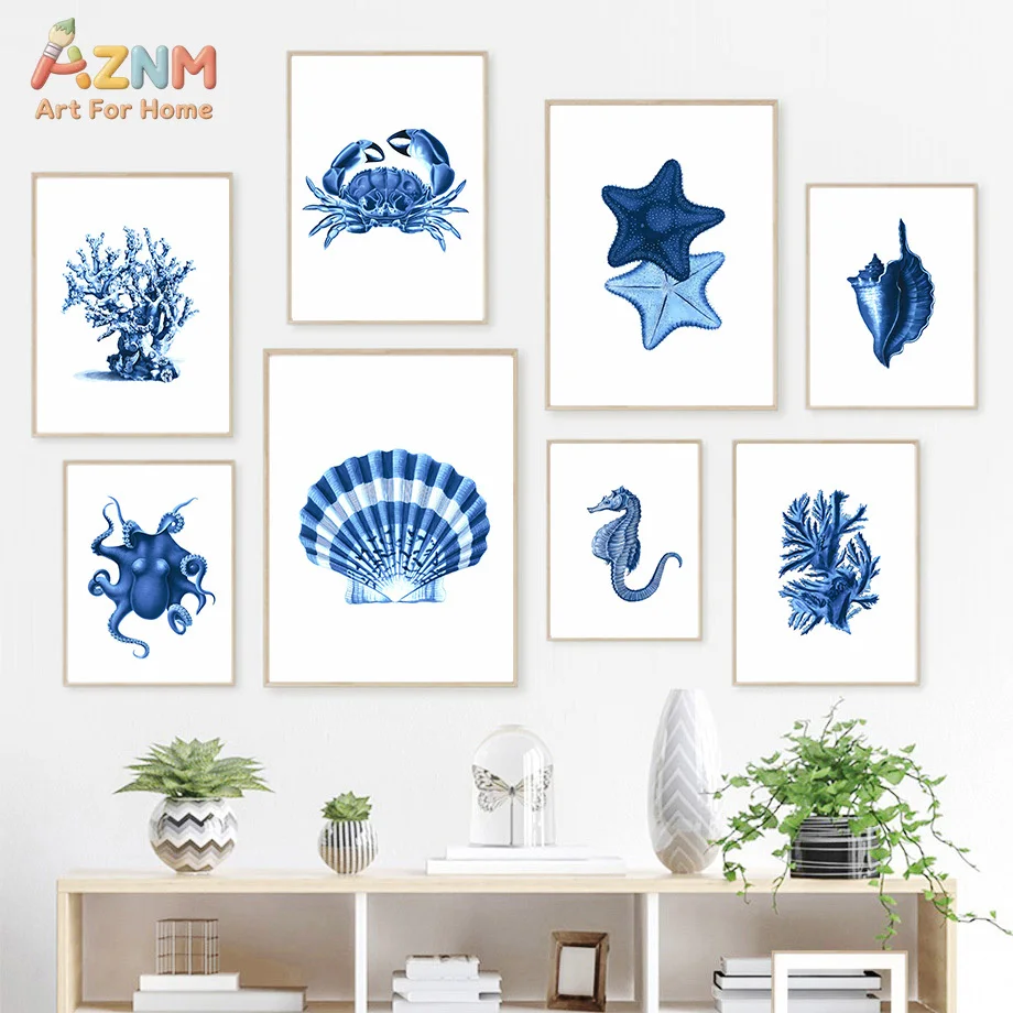 AZNM Blue Ocean Creature Canvas Print Turtle Octopus Seahorse Starfish Coral Shell Minimalist Marine Animal White Background Wal
