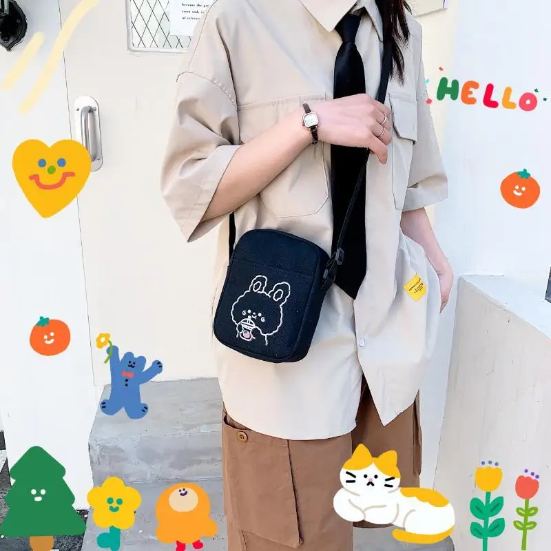 Black Canvas Crossbody Bag Cartoon Bunny Print Trendy Casual Shoulder Bag for Students Daily Commute School Shopping