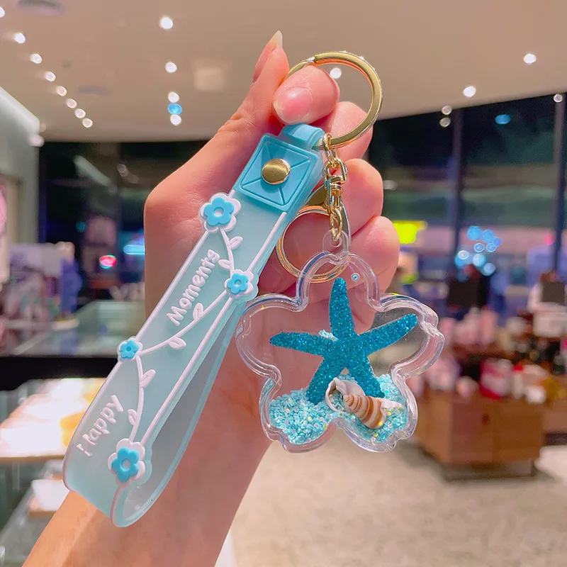 Cherry Blossom Acrylic Keychain with Flowing Liquid Quicksand Oil-Filled Ice Mountain Pendant Cute Cartoon Design Key Chains