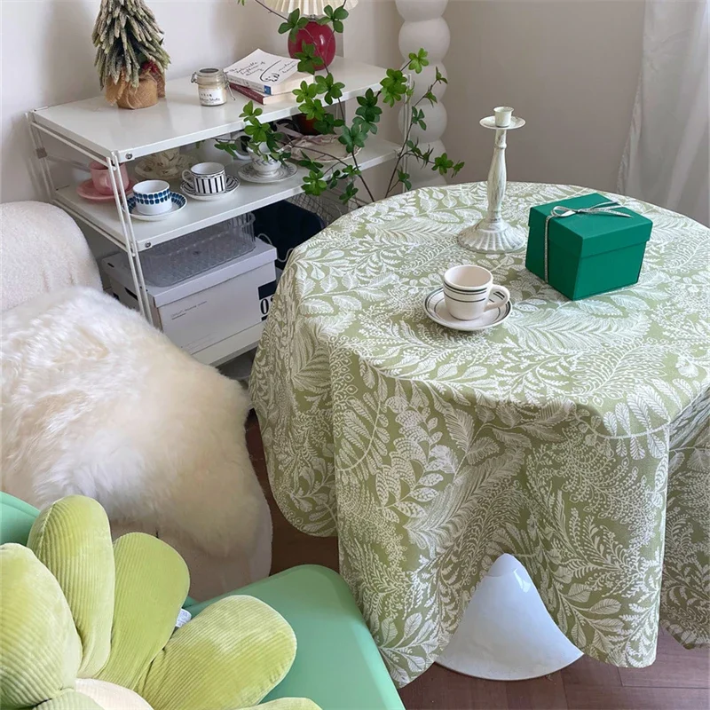 Green Flowers Embroidery Vintage Elegant Tassels Tablecloth Mesh Dining Table Rectangle Cafe Cabinets Cover Kitchen Dinning Room