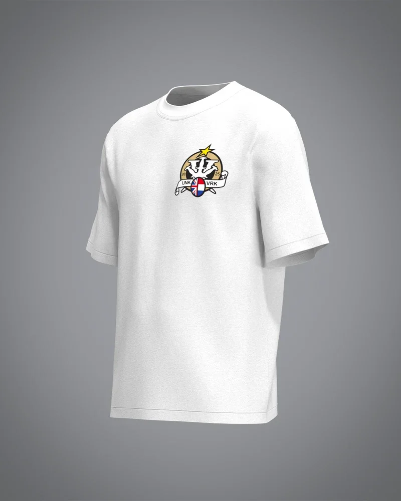 VRUNK X white tee, retro star emblem flag print back, cotton loose street tee, versatile casual wear for men