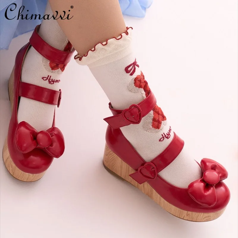 

Japanese Sweet Wedge Platform Cute Round Toe Bubble Bow Mary Jane Shoes Women Bow Kawaii Girl Princess High Heels Pumps