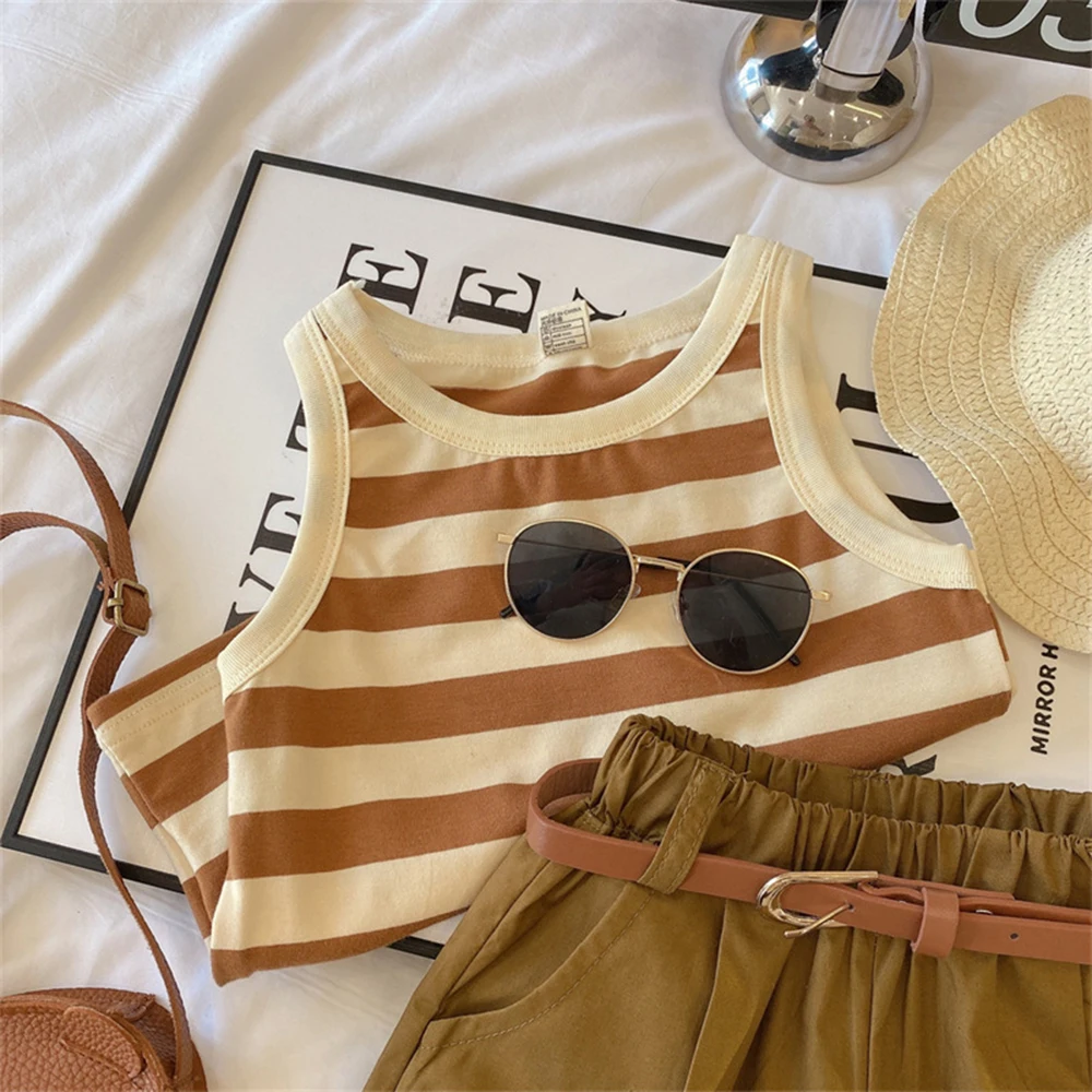 Bear Leader Girls Fashionable and Casual Set 2023 Summer Thin Children\'s Stripe Suspender Tank Top Shorts Two Piece Set Clothes