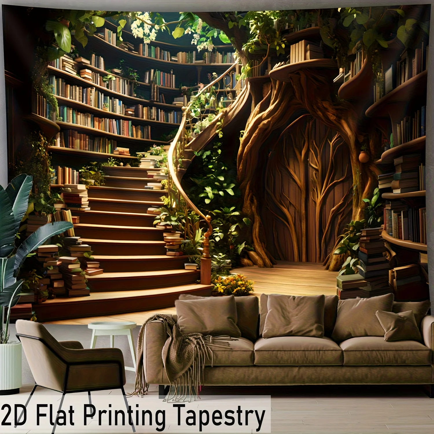 Fantasy Forest Library Tapestry Wall Hanging Treehouse Bookshelf Staircase Wall Art Tapestry for Living Room Bedroom Home Decor