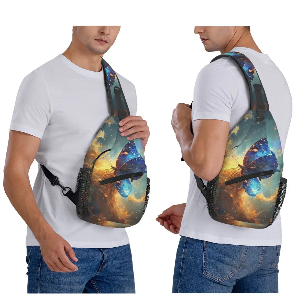 

Galaxy Blue Butterfly Chest Bag Men Sling Crossbody Backpack Chest Bag Travel Hiking Daypack Shoulder Bag