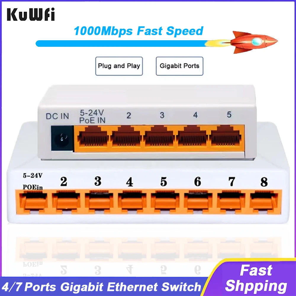 

KuWFi 4/7 Port Gigabit Ethernet Switch 1000Mbps Network Switch Unmanaged Plug and Play Fast Speed RJ45 Hub Internet Splitter