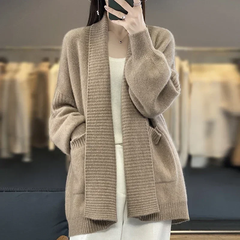 2023 Winter/ Autumn New Fashion 100% Wool Cardigan Women\'s Long Sleeve Knit Jacket Coat Female Loose Large Size Thicken Sweater