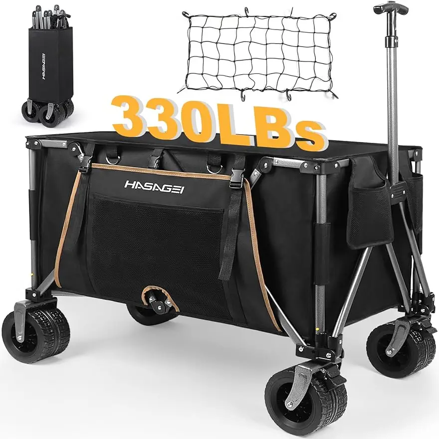 Collapsible Wagon Cart Outdoor 8.48 Cubic Feet Folding Utility Wagon 330 lbs Capacity Heavy Duty Beach Wagon with Big Wh