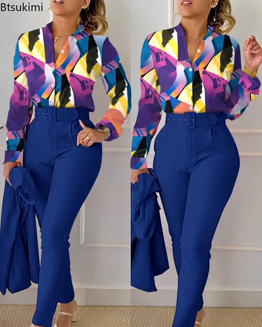 2024 Women\'s Elegant Two Piece Pants Sets Printed Long Sleeve Shirts and Pants with Belt Fashion Women 2pcs Suits Office Sets