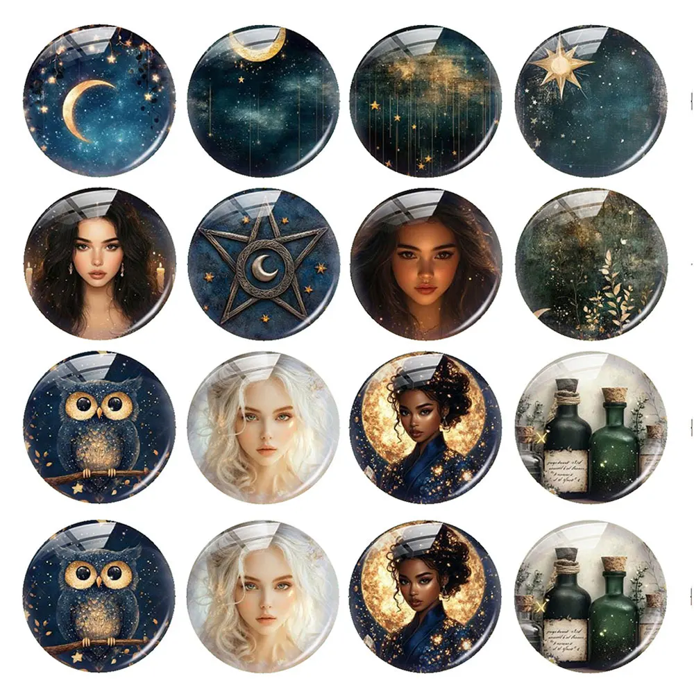 Random Mixed Round/Oval/Square Witch Moon Star Magic Astrology Photo Glass Cabochon Flatback Demo Cameo For Diy Jewelry Making