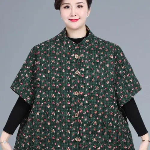 중년 여성용 특별히 큰 사이즈의 가을용 니트 반팔 블라우스 부드러운 면 소재 패션 디자인의 버튼 장식과 포켓이 있는 플라워 패턴 