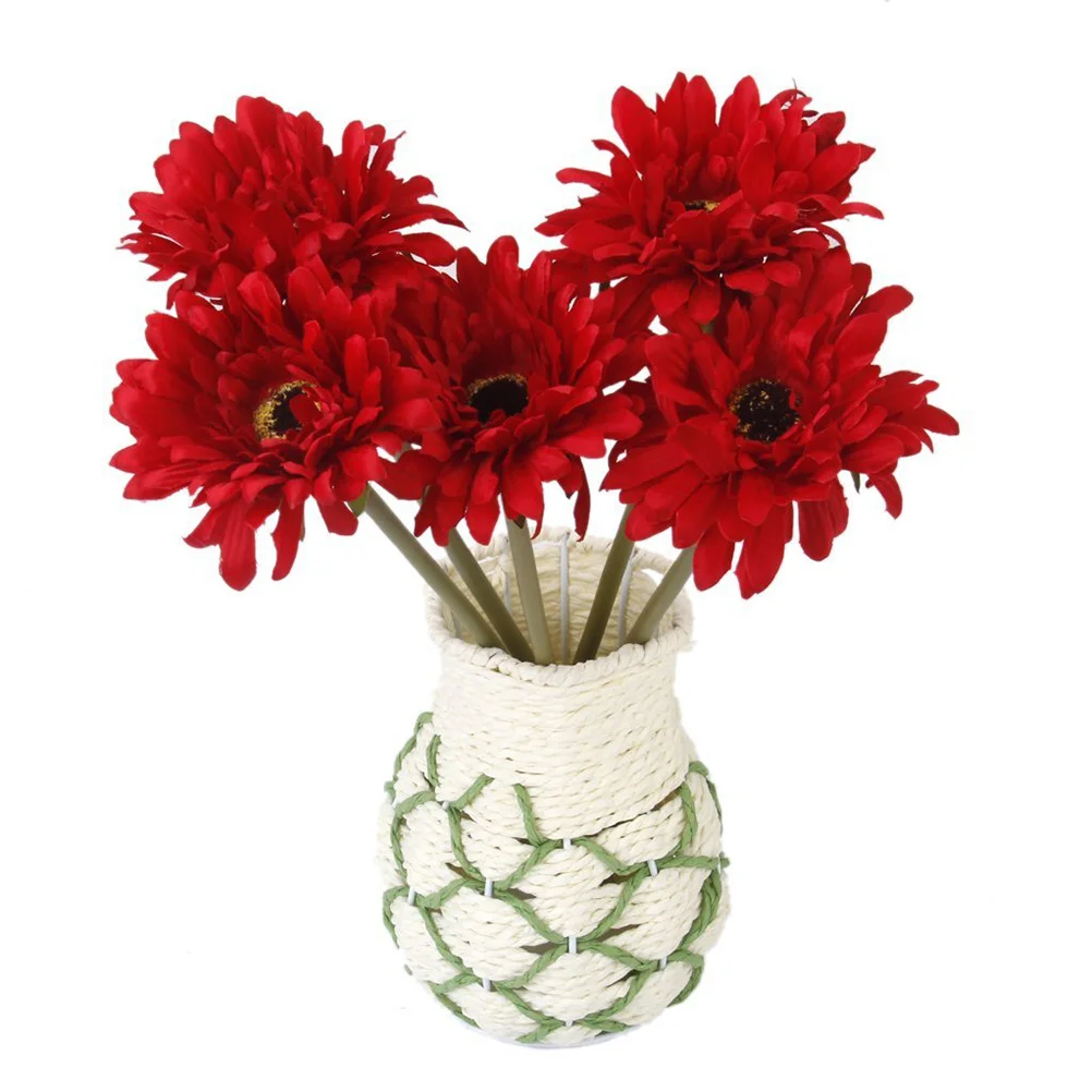 

5pcs Artificial Gerbera Daisy Flower Red 55Cm Fabric Plastic Stem Realistic Wedding Decoration Home Party Table Setting Faux