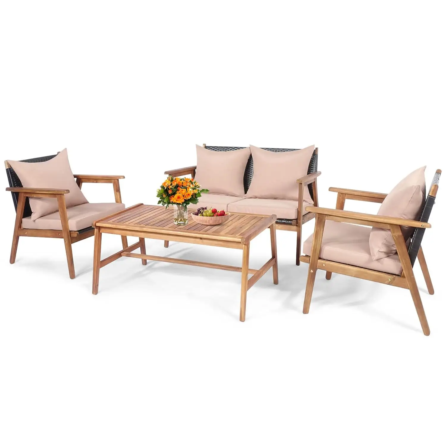 

4-Piece Patio Furniture Set, Outdoor Acacia Wood Conversation Set with Cushions and Coffee Table, Outdoor PE Wicker, Customized