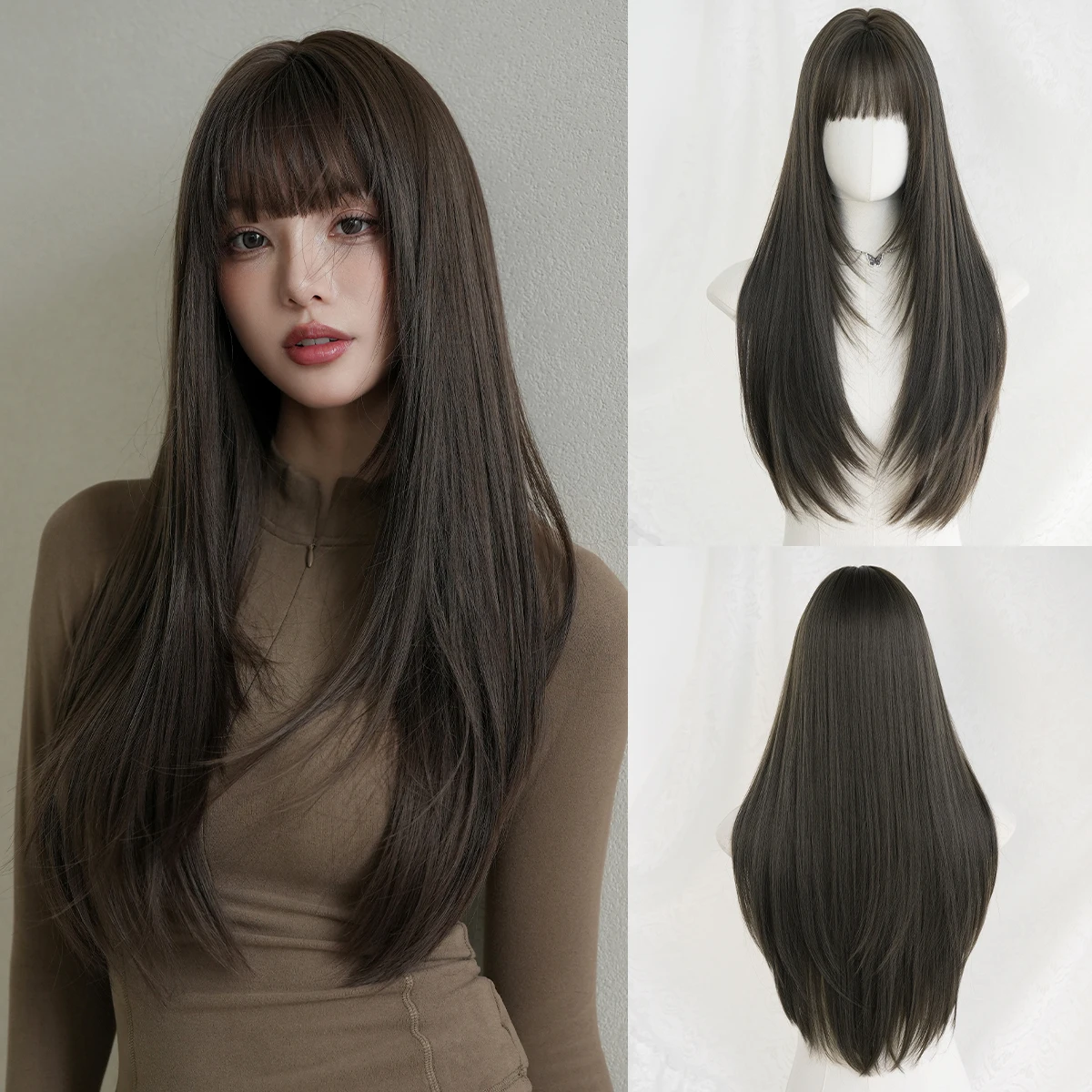 7JHH WIGS Lange, glatte, coole braune Perücke für Damen, synthetische, geschichtete, hitzebeständige, modische Perücke zum sofortigen Tragen mit ordentlichem Pony