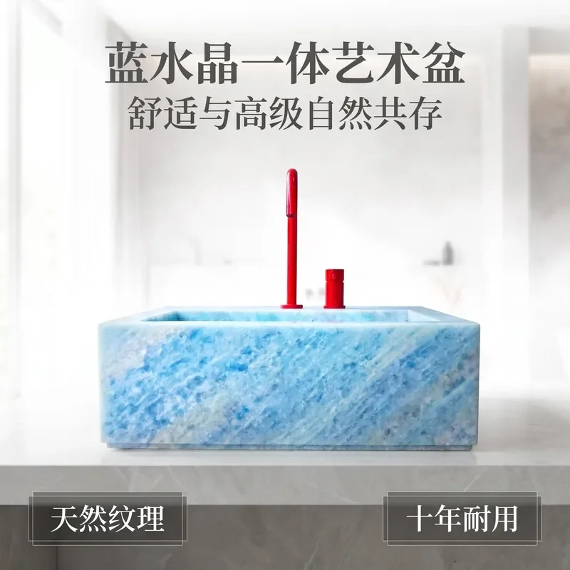Modern Rectangular Blue Crystal Art Basin Natural Texture Wash Sink Durable Simple Design for Bathroom Vanity Stage Decor
