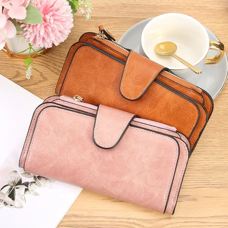 

Women Long Wallet Pu Leather Card Holder Large Capacity Hasp Zipper Coin Purse Multi Card Organizer Cell Phone Handbag