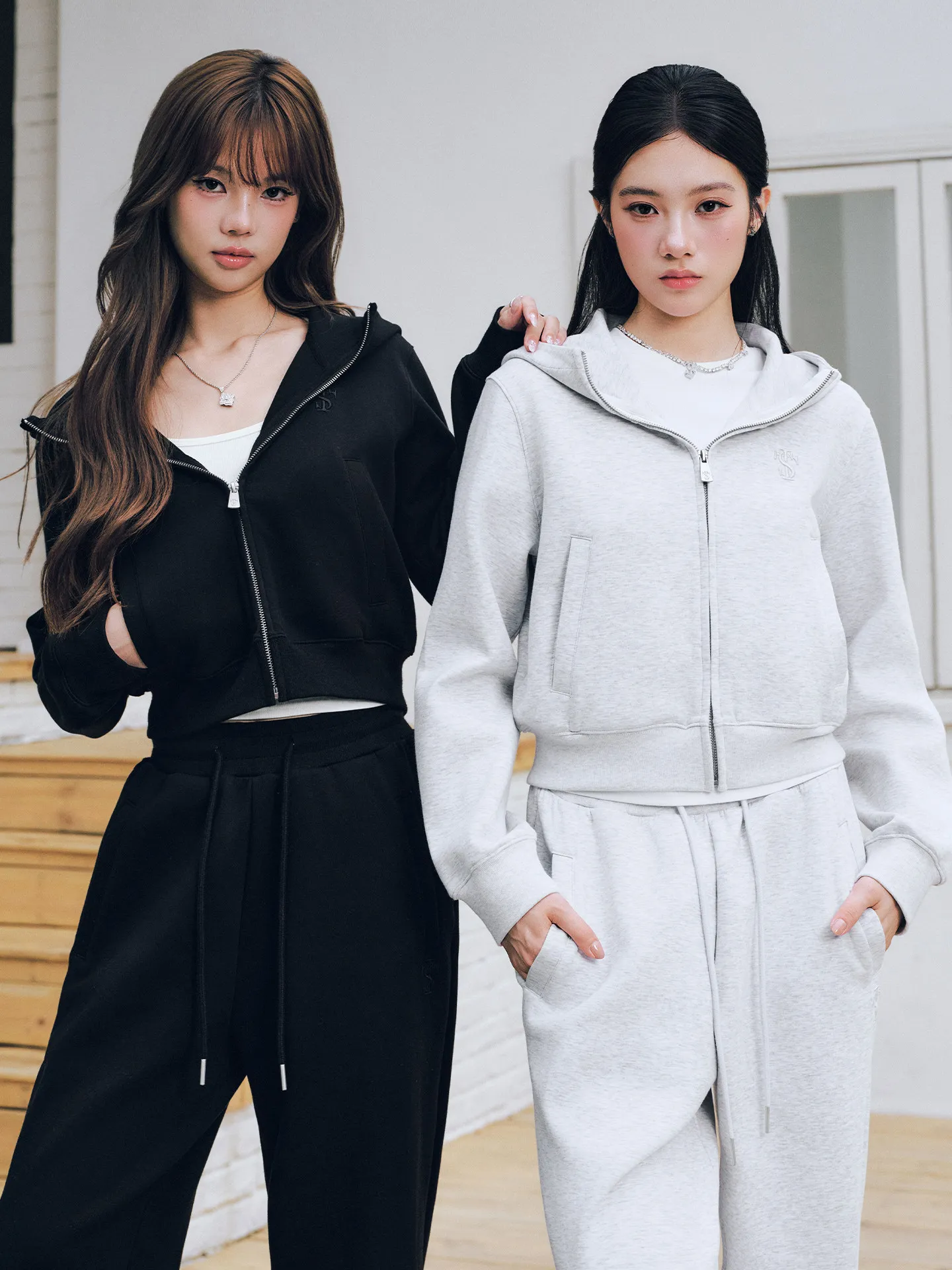 STK SmallTownKid Zip-Up Hooded Sweatshirt Women's Casual Sporty Top Air Layered Open Cardigan Knitted Fabric Cotton Blend