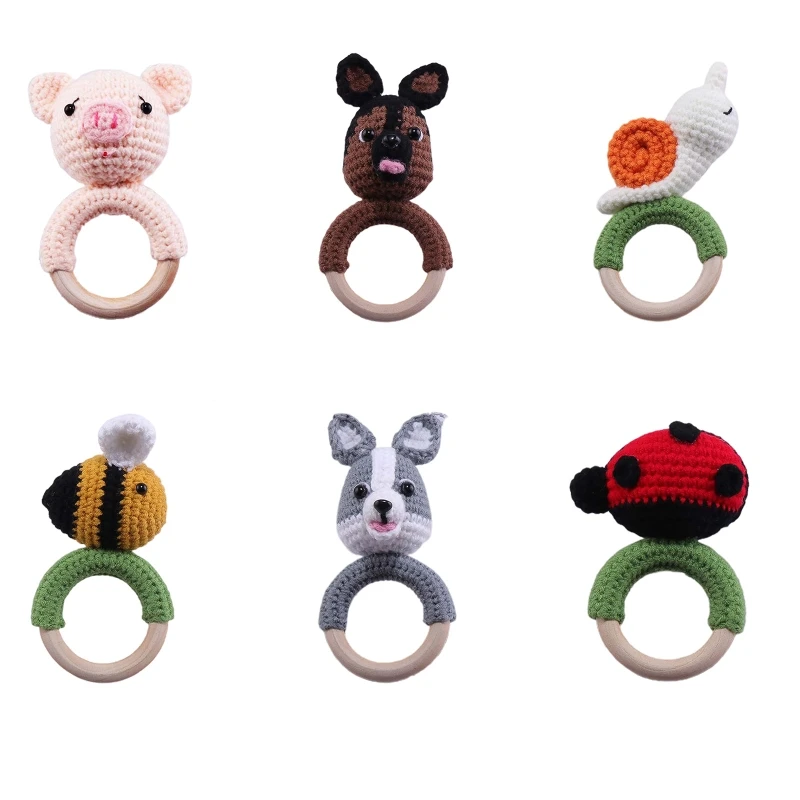 Cincin Teether Kayu Bayi DIY Kerincingan Hewan Rajutan Mainan Menyusui Bayi Tumbuh Gigi D5QF