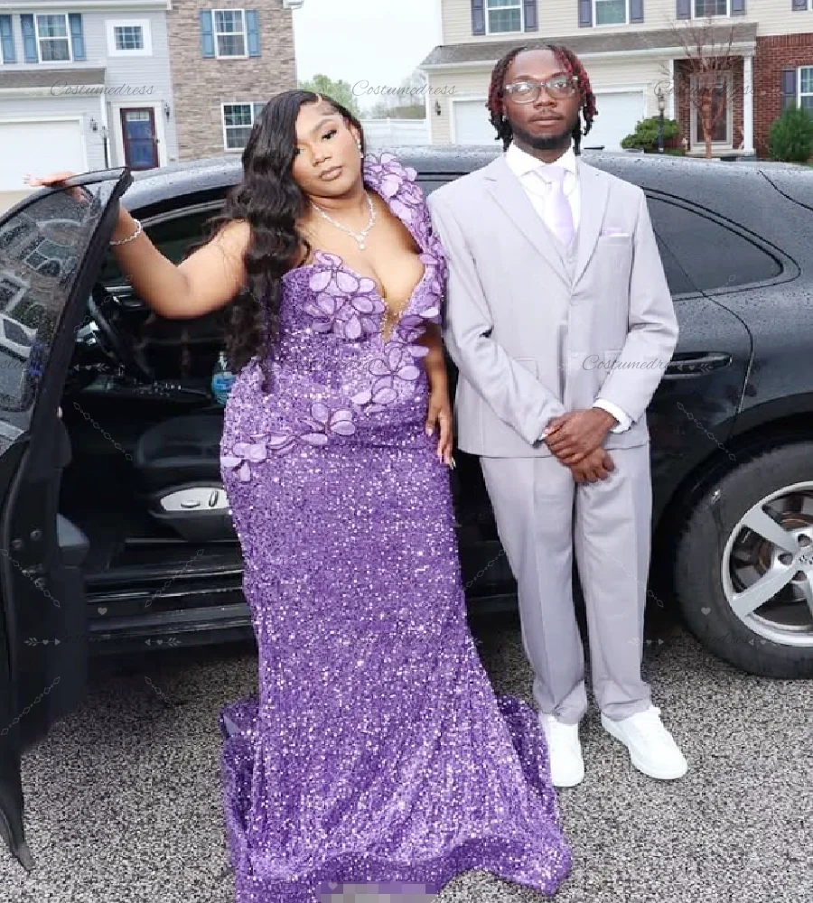 Purple Sequin Mermaid Prom Dress 2026 One Shoulder 3D Petal Appliqué Plus Size Evening Dress For Nigeria Black Girls Formal Gown