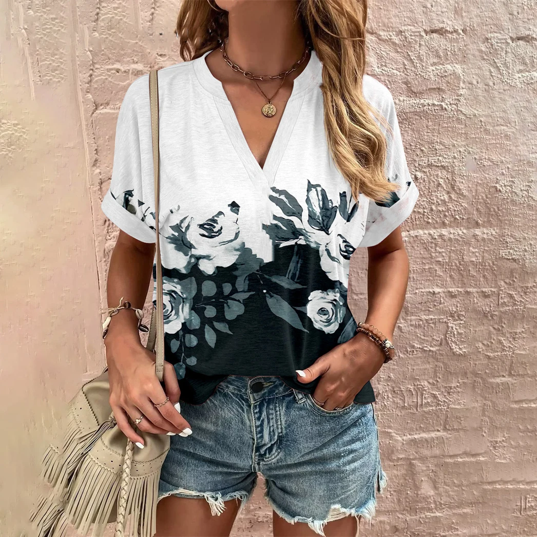 Summer Women\'s T-shirt Floral Print Y2k Clothing Top Women Casual V Neck Harajuku T Shirt Fashion Short Sleeve Oversized Tees