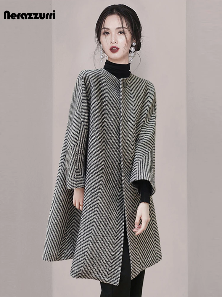 Nerazzurri Autumn Winter Loose Casual Colorful Thick Warm Soft Woolen Coat Women Raglan Sleeve Sashes O Neck Korean Fashion 2023