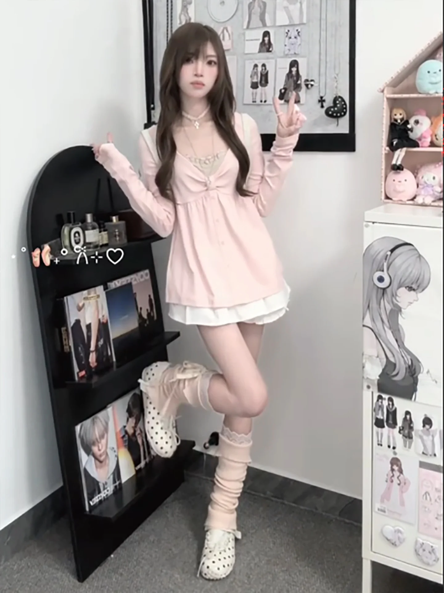 Korean Sweet  Knot Long Sleeve T-Shirt Women's Pink Doll Shirt Top Half Skirt Two-Piece Set Casual Workwear
