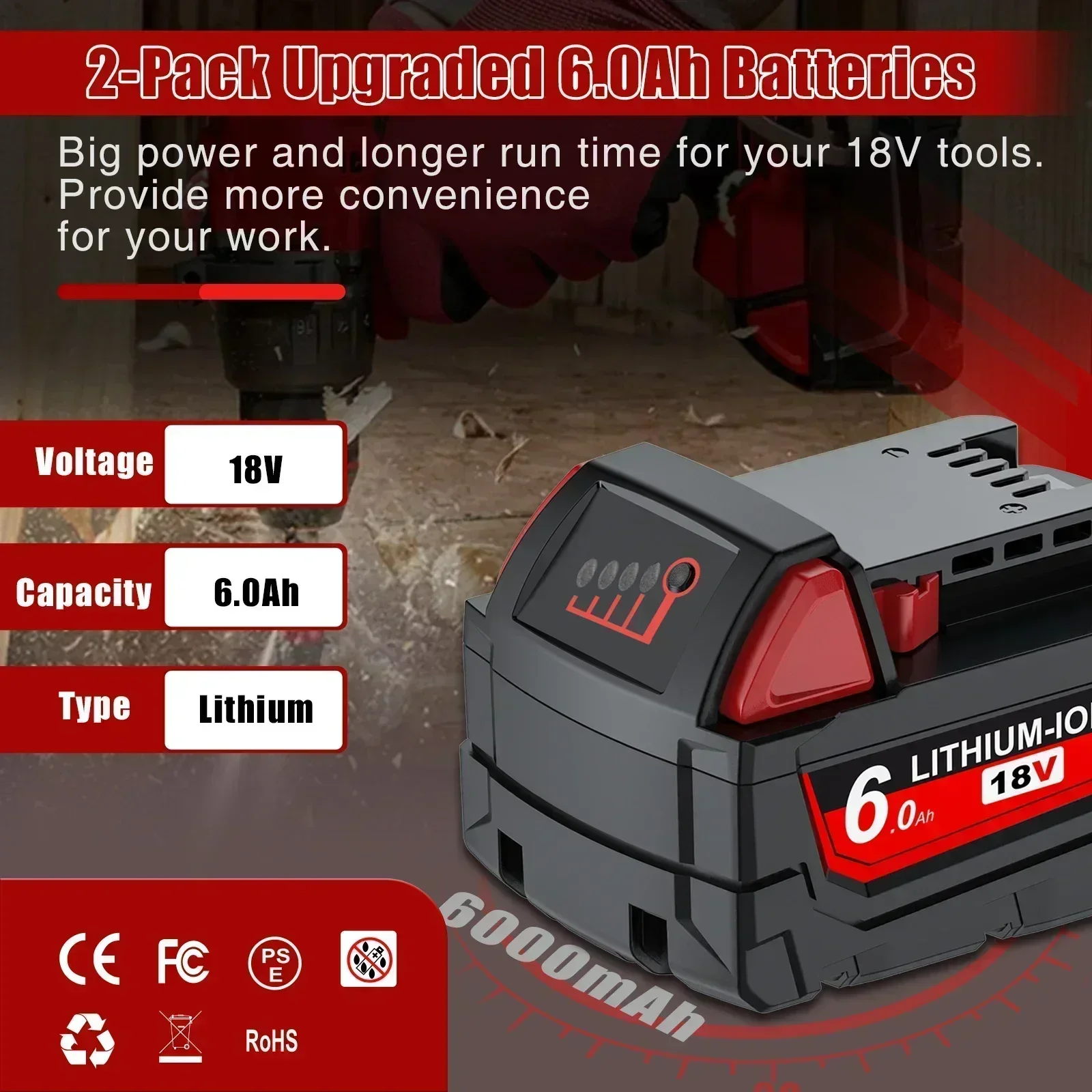 18V para batería Milwaukee M18 M18B6 XC 6.0Ah Li-Ion 48-11-1860 48-11-1852 48-11-1850 48-11-1840 herramienta eléctrica inalámbrica cargador de 18V