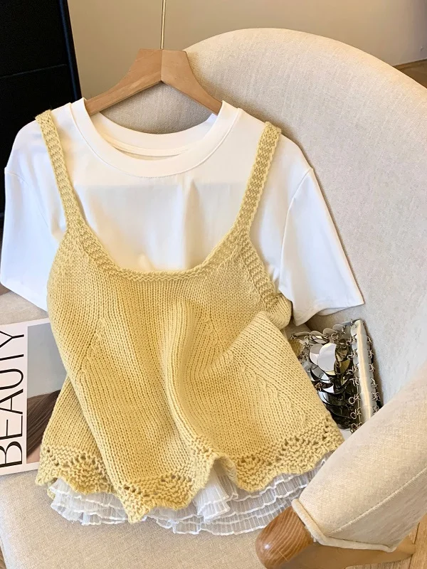

Женский вязаный жилет ort Sve, топ, желтый гейс, многослойная одежда, кружевная летняя модная круглая блузка из неолена