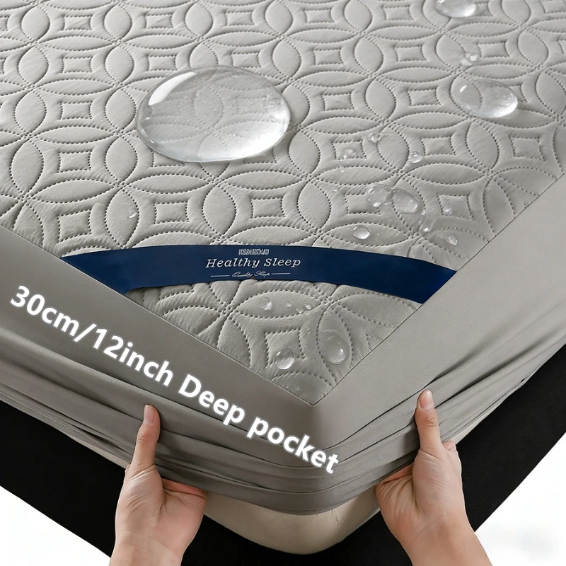 Ultrasonic Quilted Waterproof Antibacterial Mattress Protector Breathable Ultra Soft Noise Free 30CM Deep Pocket Fitted Sheet