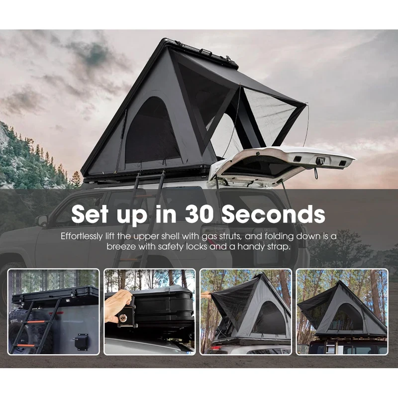 ZST Triangle Hard Shell Rooftop Tent, 4-Person Aluminum Clamshell in Black & Gray, for Car Camping 5